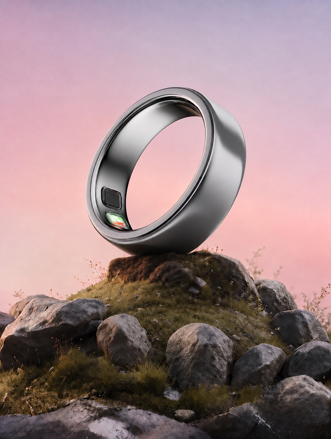Silver Auro Ring 5 resting above a moss-covered rock