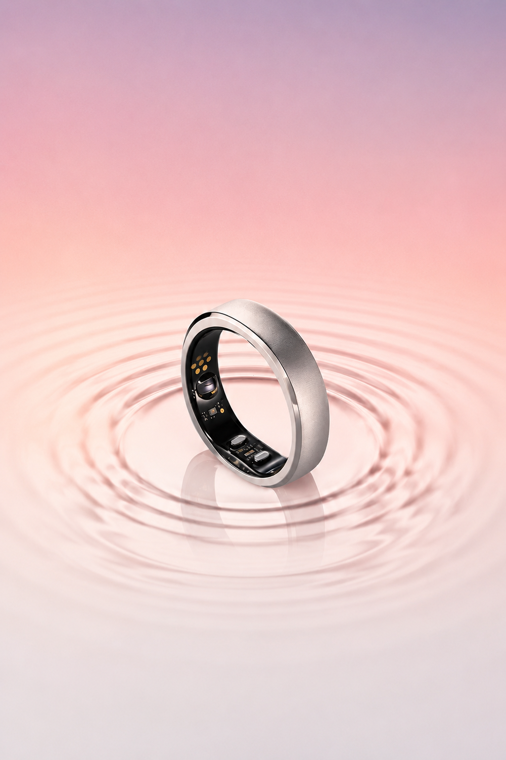 Silver smart ring standing in soft blush concentric ripples